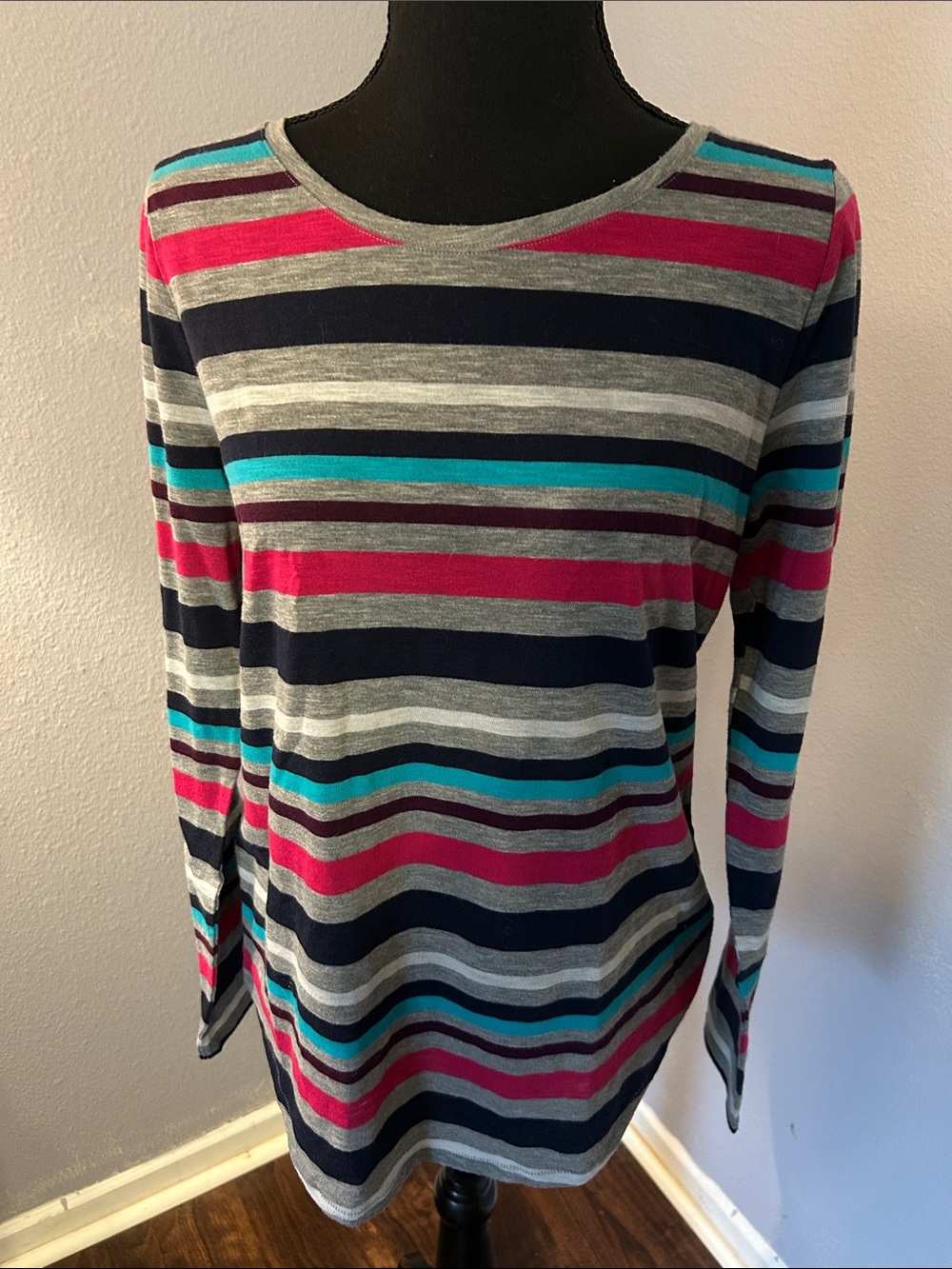 Sonoma Women Striped Long-Sleeve Crewneck Top Pink, Teal & Gray Size Small